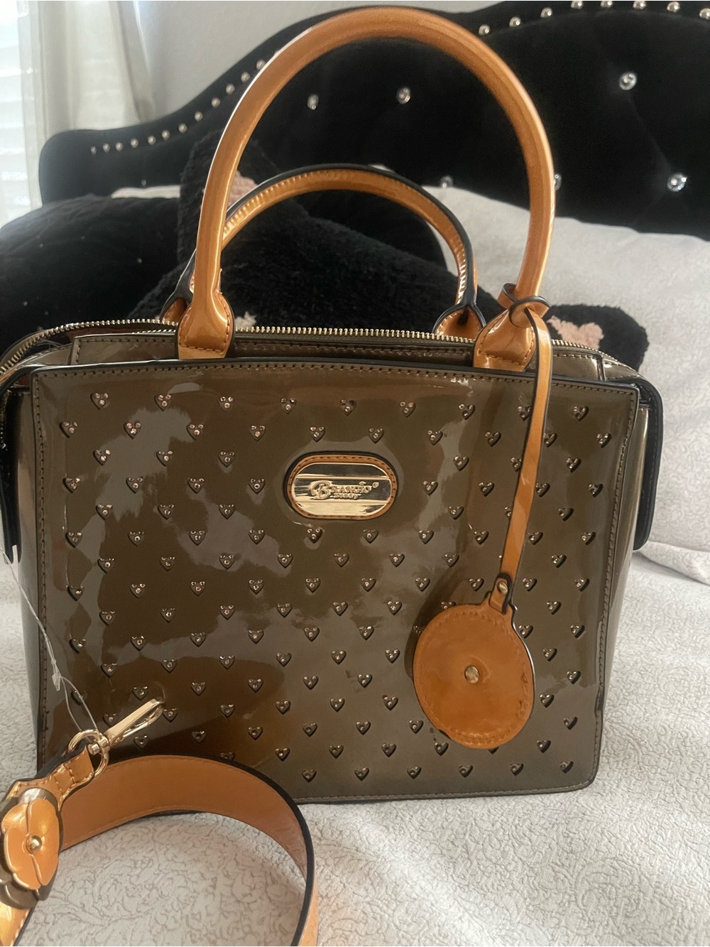 Brangio Italy Glossy Tan Satchel Handbag with Accents very Brighton style - Picture 2 of 8